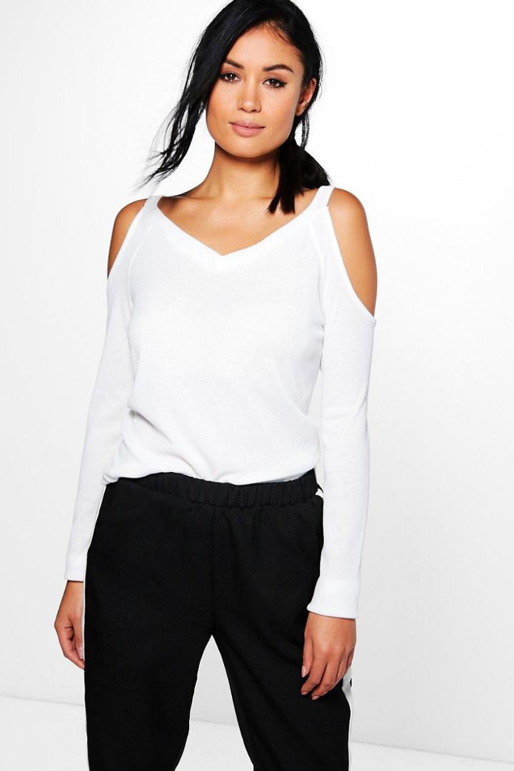 Boohoo Katie Rib Cold Shoulder Long Sleeve Top Ivory