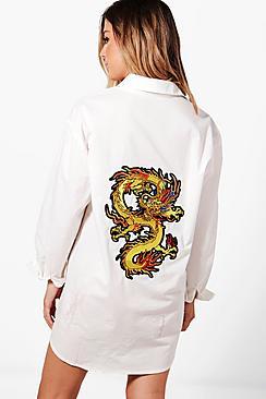 Boohoo Petite Ebony Oversized Dragon Embroidered Dress