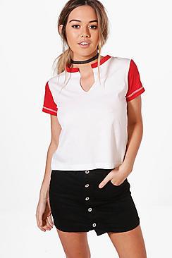 Boohoo Petite Rachel Cut Neck Raglan Tee