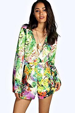 Boohoo Petite Emma Tropical Wide Sleeve Playsuit