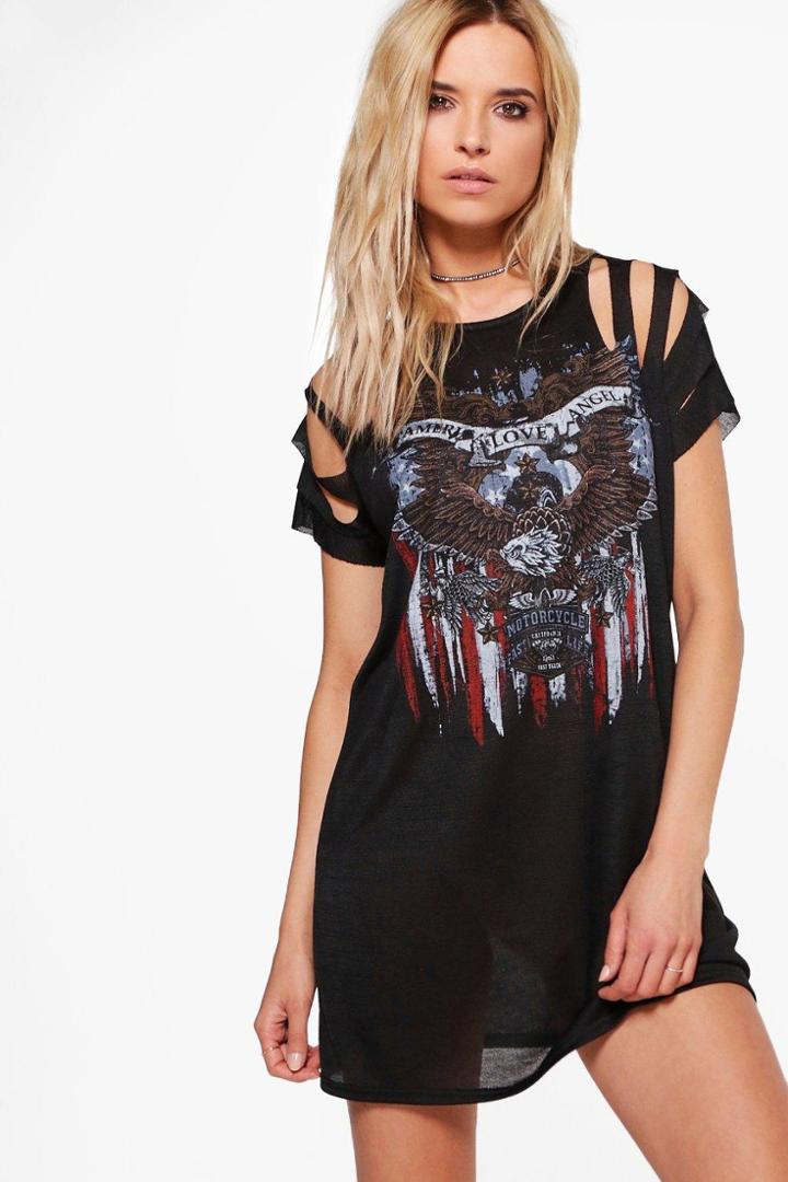 Boohoo Laura Shredded Shoulder Knitted Band Dress Black