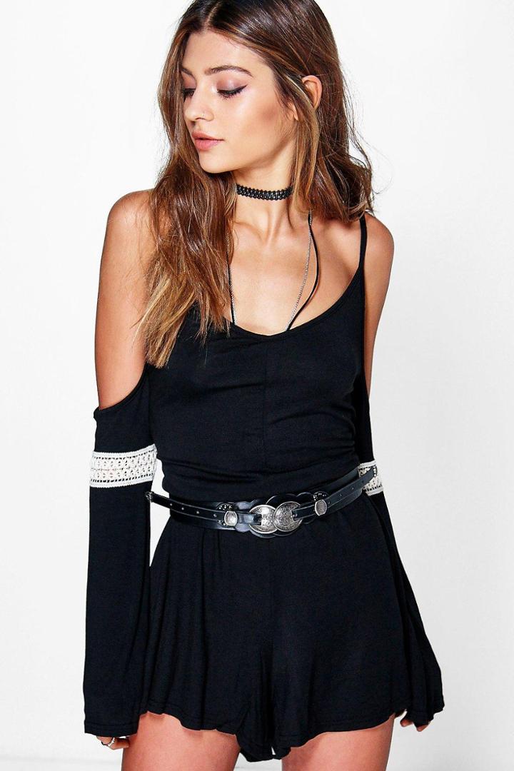 Boohoo Carely Crochet Open Shoulder Playsuit Black