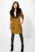 Boohoo Boutique Mia Belted Robe Coat With Faux Fur Collar