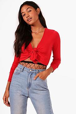 Boohoo Olivia Long Sleeve Tie Front Crop Top