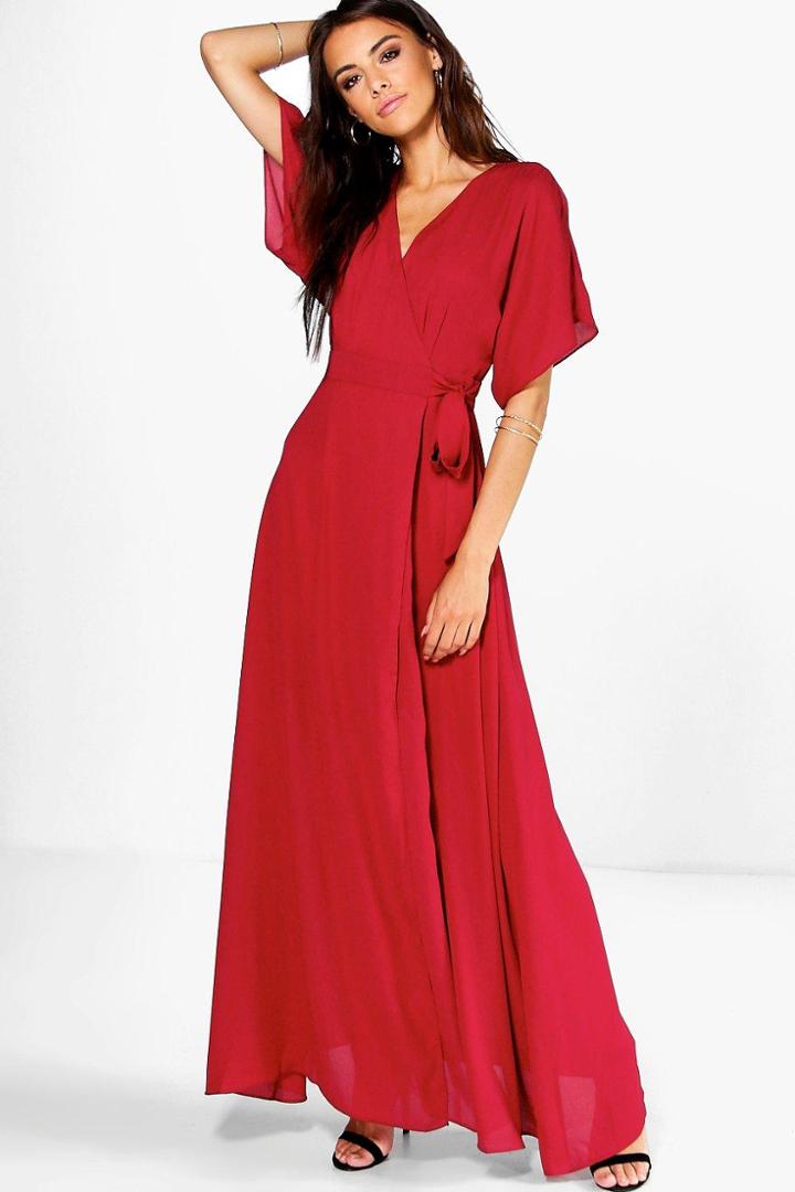 Boohoo Milly Chiffon Kimono Sleeve Wrap Maxi Dress Berry