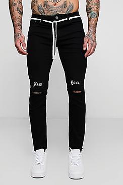 Boohoo Skinny Fit Distressed Jeans With Ny Embroidery