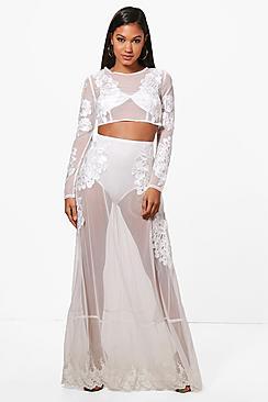 Boohoo Holly Embroidered Sheer Crop & Maxi Co-ord Set