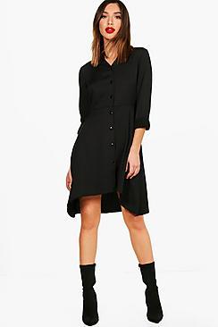 Boohoo Clari Dipped Hem Button Through Shirt Dress