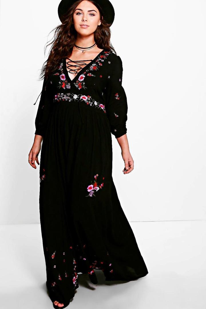 Boohoo Plus Ellenor Embroidered Maxi Dress Black