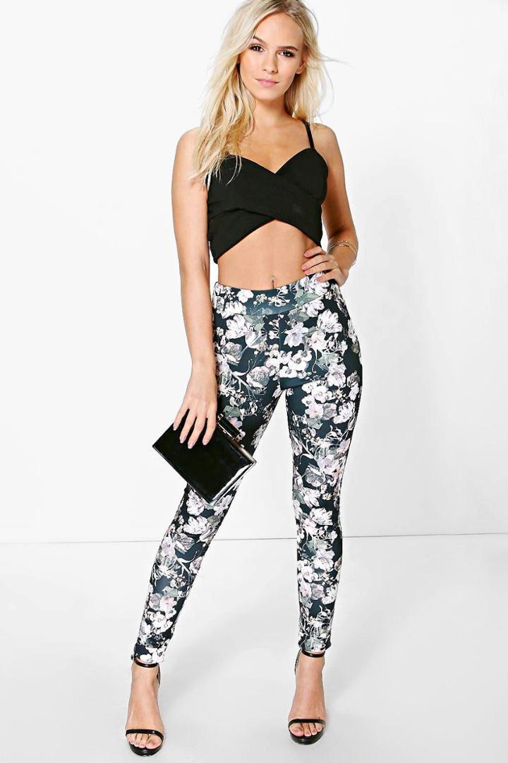 Boohoo Petite Leah Dark Floral Turn Back Cuff Trouser Multi