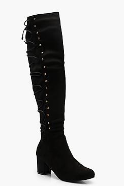 Boohoo Lace Back Low Heel Knee Boots