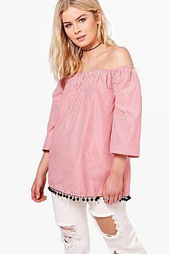 Boohoo Selina Stripe Pom Pom Hem Off The Shoulder Top