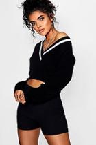 Boohoo Poppy Plunge V Neck Stripe Trim Crop Jumper