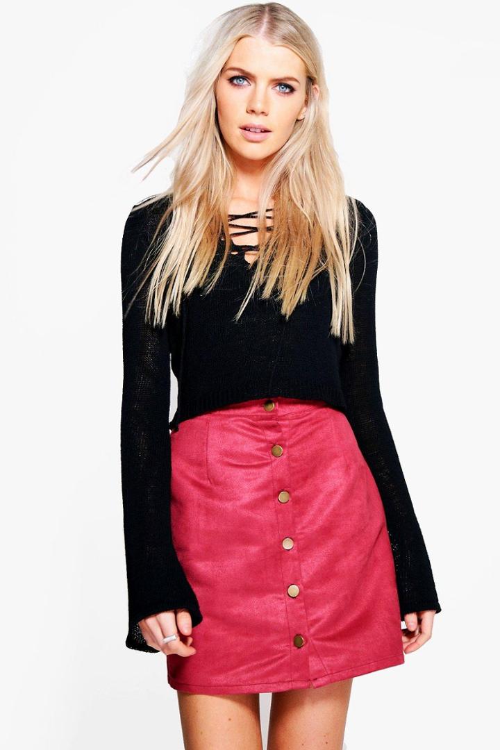 Boohoo Marlin Button Front Woven Suedette Mini Skirt Berry