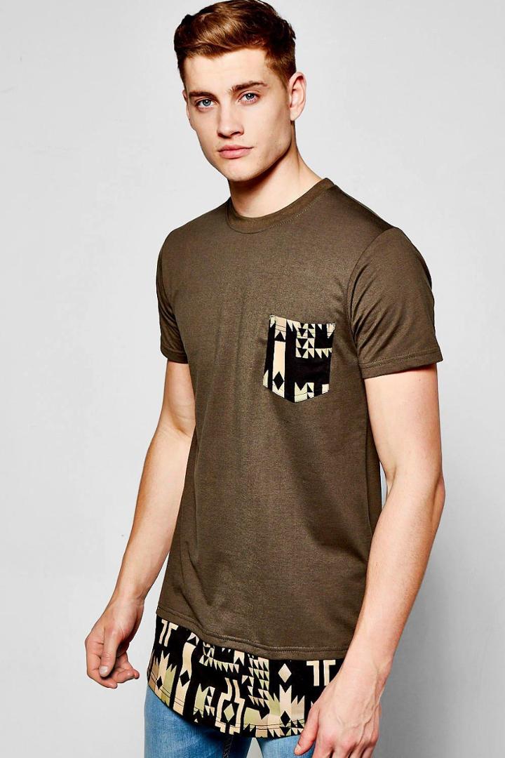 Boohoo Longline Aztec Print T Shirt Khaki