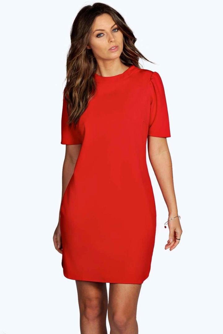 Boohoo Oana Puff Shoulder Crew Neck Shift Dress Red