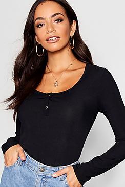 Boohoo Rib Button Detail Long Sleeve Top