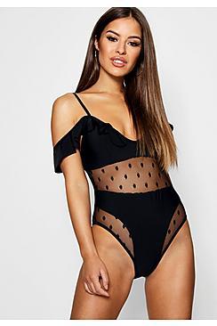 Boohoo Petite Freya Polka Dot Mesh Ruffle Swimsuit