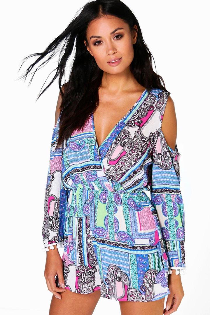 Boohoo Laura Cold Shoulder Paisley Playsuit Multi