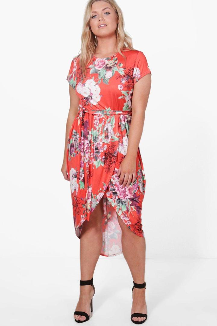 Boohoo Plus Lydia Floral Wrap Front Midaxi Dress Multi