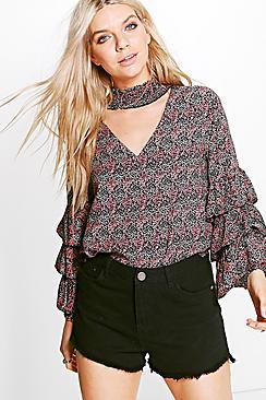Boohoo Maisie Tiered Sleeve Printed Blouse