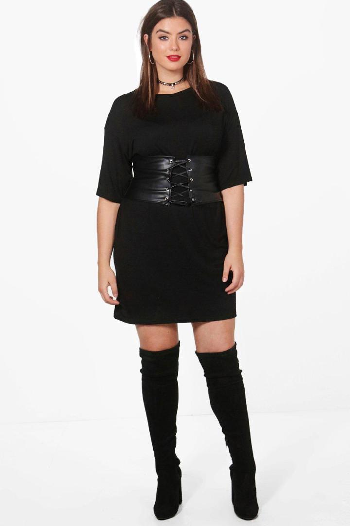 Boohoo Plus Madison Belted T-shirt Dress Black