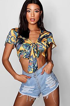 Boohoo Mabel Tie Front Printed Western Shirt