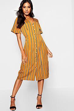 Boohoo Tonal Stripe Horn Button Midi Dress