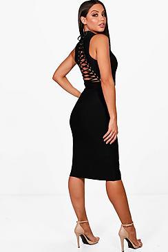 Boohoo Mona High Neck Lace Up Back Bandage Dress