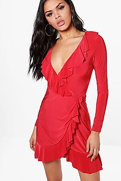 Boohoo Aishwarya Frill Detail Wrap Skater Dress