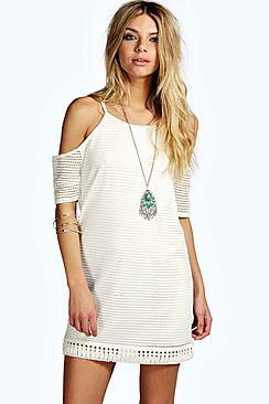 Boohoo Rhianna Cold Shoulder Fringe Shift Dress