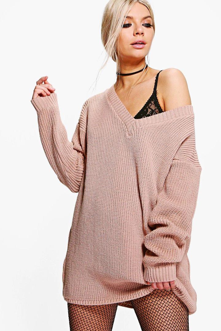 Boohoo Erin Rib V-neck Jumper Dress Nude