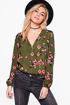 Boohoo Tegan Oriental Print Wrap Front Blouse