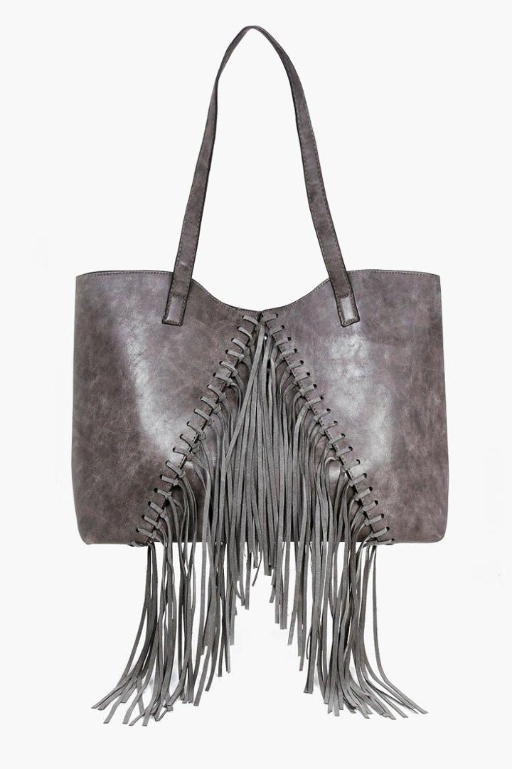 Boohoo Willow Fringed Oversized Day Bag Grey