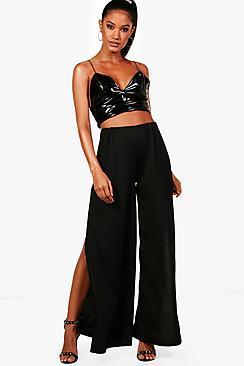 Boohoo Petra Side Split Crepe Wide Leg Trousers