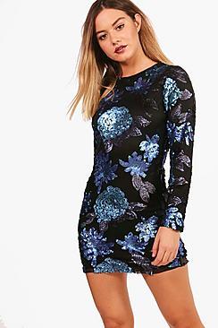 Boohoo Petite Floral Sequin Long Sleeve Bodycon Dress