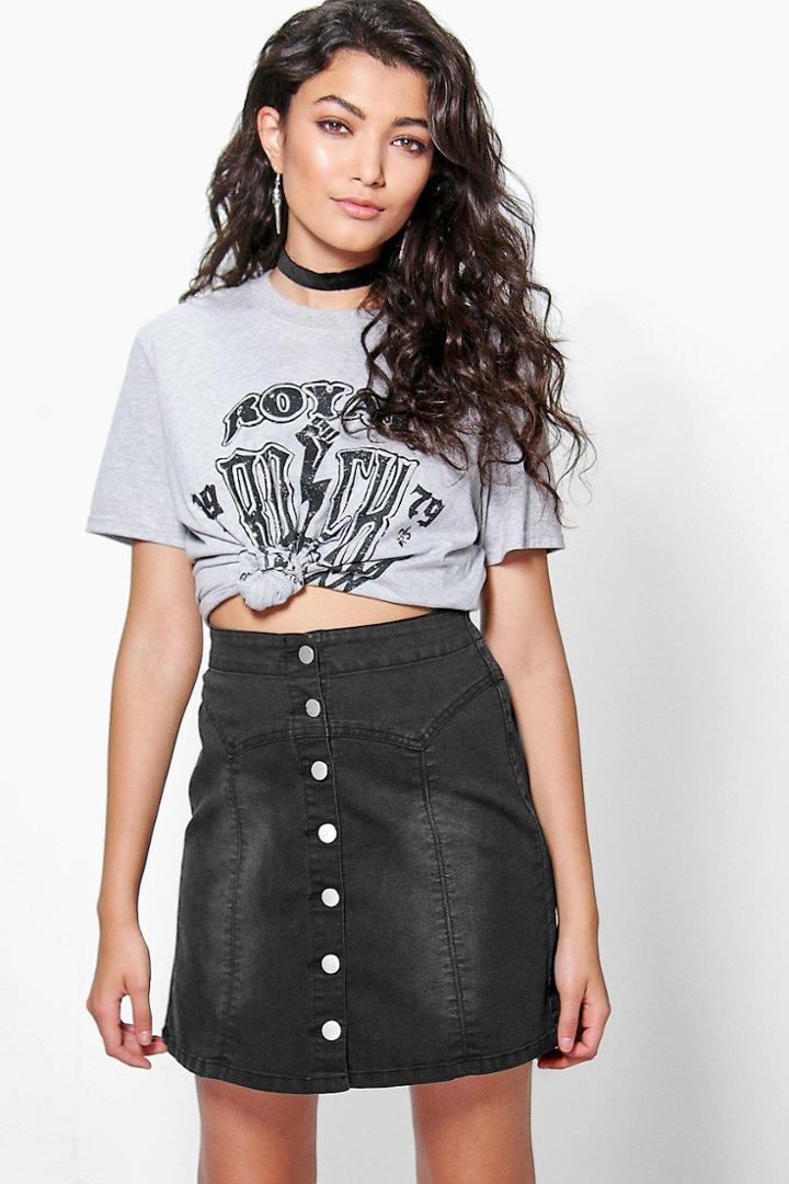 Boohoo Lisa Yoke Detail Button Through Denim Mini Skirt Black