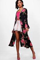 Boohoo Aria Dark Floral Piped Woven Tie Kimono