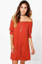 Boohoo Lily Off The Shoulder Button Shift Dress Rust