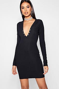 Boohoo Lisa Popper Detail Ribbed Bodycon Dress