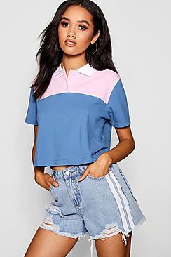 Boohoo Petite Kelly Colour Block Crop Polo Shirt