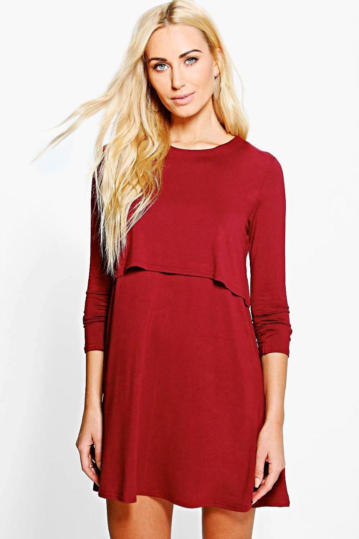Boohoo Ailani Double Layered A-line Shift Dress Merlot