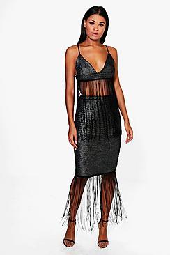 Boohoo Haven Metallic Tassle Longline Midi Skirt