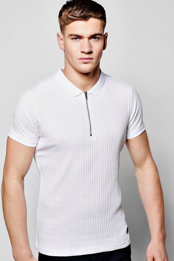 Boohoo Ribbed Polo T Shirt White