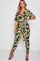 Boohoo Plus Ari Kimono Lemon Print Plunge Jumpsuit
