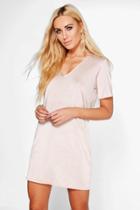 Boohoo Aida V Neck Slinky Shift Dress Sand