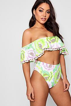 Boohoo Neon Citrus Pom Ruffle Bardot Bikini