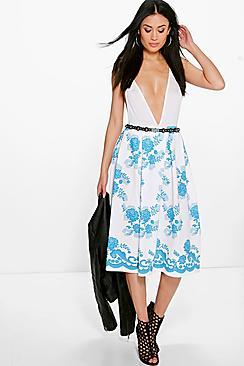 Boohoo Natalia Border Lace Print Box Pleat Skater Skirt