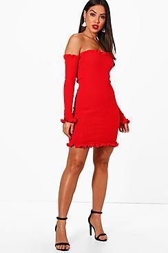 Boohoo Rebecca Knitted Rib Ruffle Detail Mini Dress