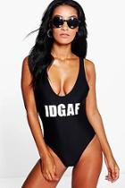 Boohoo Barbados Idgaf Scoop Front Slogan Swimsuit